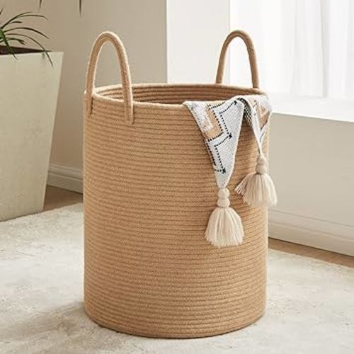 Jute Rope Laundry Hamper Basket, 58L Tall Laundry Basket for Blanket Storage, Large Baby Nursery Hamper for Laundry, Woven Clothes Hamper for Bedroom, Living Room