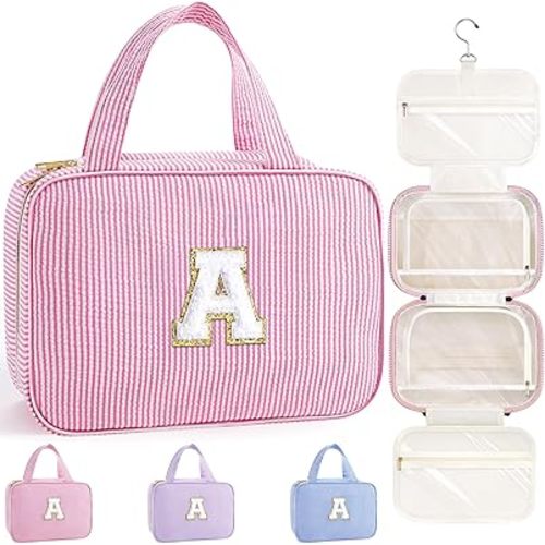 TOPEAST Gifts for Girls Women - 8 9 10 11 12 13 14 15 16 17 Year Old Girls Birthday Gifts, Initial Hanging Toiletry Bag & Makeup Bag, Travel Cruise Essentials, Pink A