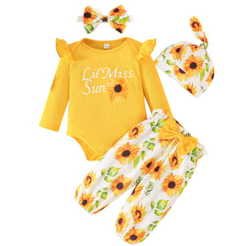WIBACKER Newborn Baby Girl Clothes Little Miss Sunflower Infant Romper Spring Fall Outfits Gifts for Girls Cute Pant 4Pcs Sets