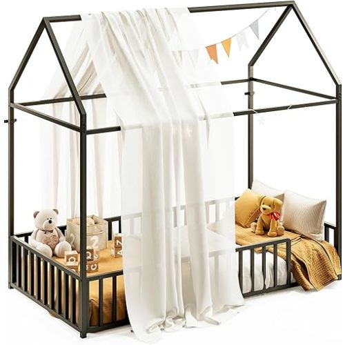 LIKIMIO Twin Floor Bed Frame with Roof & Fence Guardrails Metal House Bed for Bedroom, Easy Assemble, No Box Spring Needed, Black