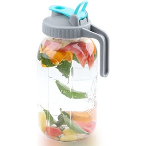 Mason Jar Pitcher With Pour Spout 64 OZ (2 Quart) Wide Mouth Glass Pitcher With Lids For Cold Brew Coffee, Iced Tea, Milk, Sun Tea, Lemonade
