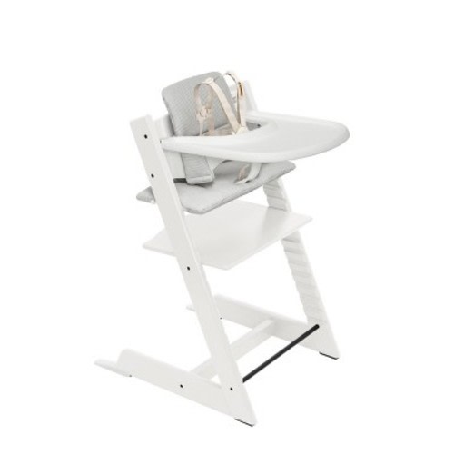 Stokke Tripp Trapp High Chair 2 with Adjustable Baby Set, Cushion, and Removable Tray - White with Nordic Gray