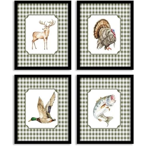 DSHFG Retro Woodland Nursery Hunting Wall Art Set of 4, Hunting Animal Prints for Kids Boys Room Decor, Deer Duck Turkey Fish Posters, Rustic Cabin Kids Bathroom Playroom Wall Decor, 8x10 Unframed