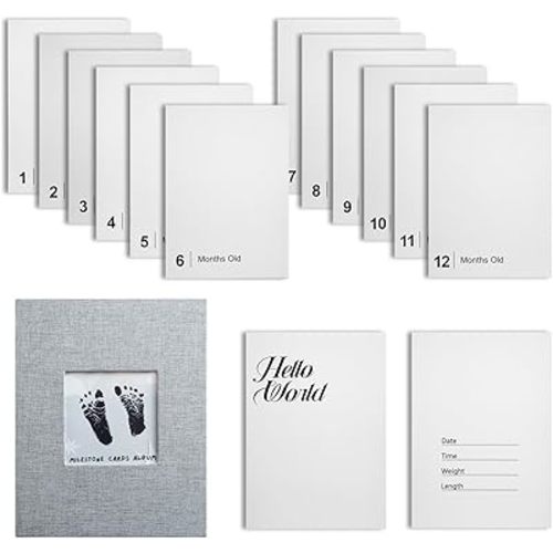 14 Pieces Baby Inkless Milestone Cards,1 Month to 12 Month Hand and Footprint Kit,Dog or Cat Pet Paw Print Kit, Newborn Sign Memory Kit-14 Ink Pad+14 Papers-(Gift Box + Album)