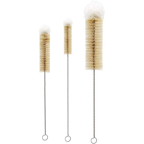 NewFerU Bottle Brushes Thin Long Handle X 3, Natural Boar Bristle Set | Stainless Steel Bendable Wire Cleaner with Wool Tip, Slim Flexible for Cleaning Narrow Neck Bottles, Pipes, Tubes, Hoses