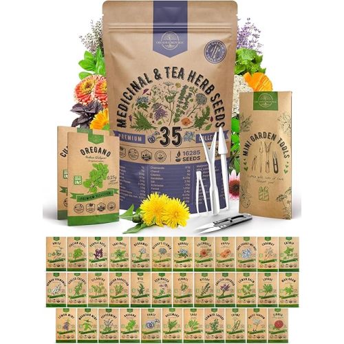 35 Medicinal & Tea Herb Seeds Variety Pack for Indoor & Outdoors. 16,335+ Non-GMO Heirloom Garden Seeds: Anise, Bergamot, Borage, Cilantro, Chamomile, Dandelion, Rosemary Seeds & More