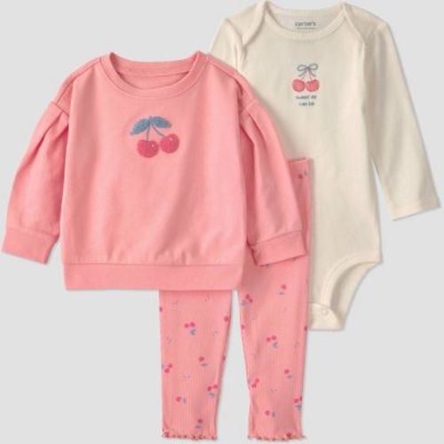 Carter's Just One You® Baby Girls' 3pc Cherry Sweatshirt with Long Sleeve Bodysuit and Leggings Set - Pink 3M