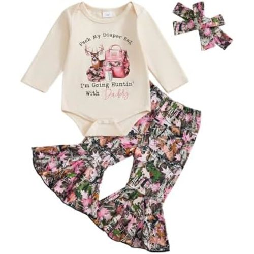 KMBANGI Baby Girl Hunting Outfits Newborn Long Sleeve Letters Print Shirts Romper Leaf Flare Pants 3Pcs Fall Infant Clothing