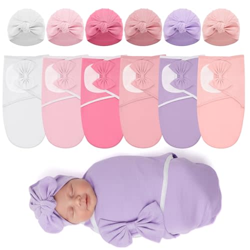 Ramede 6 Pack Preemie Swaddle Blanket with Hats Sleep Swaddle for Baby Boy Girl Preemie Newborn Sacks Soft Cotton Wearable (Rosette,Light Color)