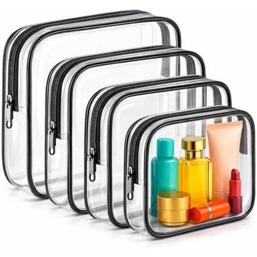 Clear Makeup Bag 4 Pack, TSA Approved Toiletry Bag for Women, Waterproof PVC Cosmetic Pouch Travel Organizer, Clear Bags for Diaper Bag Organizer Purse, Portable Zipper Pouch Set (L+M+M+S)