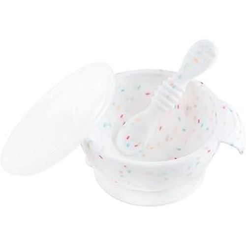 Bumkins Baby Bowls, Silicone Baby Feeding Set, Suction Bowls for Baby and Toddler with Spoon and Lid, First Feeding Set, Platinum Silicone Bowl for Babies 4 Months