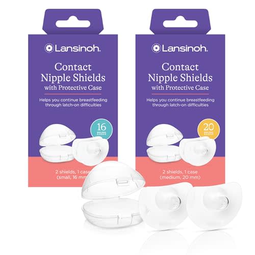 Lansinoh Contact Nipple Shields for Nursing Mothers, Ultra-Thin Soft & Flexible Medical-Grade Silicone Shields for Sensitive Nipples, Latch-On Support, with Protective Case, 16mm + 20mm, 4 Count