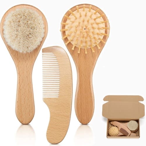Bevtee Baby Hair Brush Set, 3 Pack Baby Hairbrush and Comb Set, Wooden Brush with Soft Goat Bristles