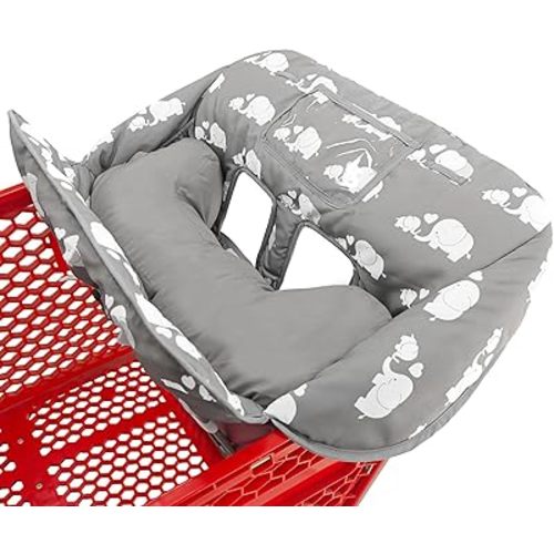 Love&go Soft Pillow Attached 2-in-1 Shopping Cart and High Chair Cover for Baby, Cotton Padded Cart Cover, Fold'n Roll Style, Portable with Carry Bag (Gray Elephant)