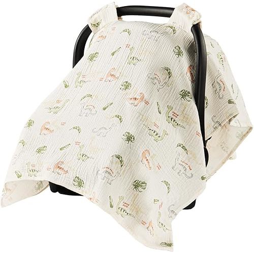 100% Muslin Cotton Car Seat Cover for Baby, Soft Breathable Car Seat Canopy, Universal Infant Carseat Cover Sun Protector, Lightweight Summer Stroller Cover for Boys Girls - Dinosaur