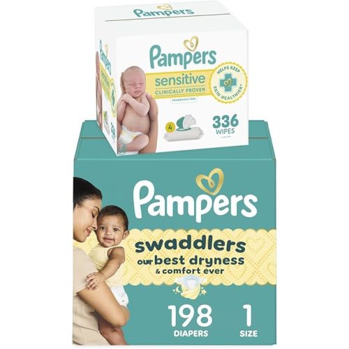 Pampers Swaddlers Disposable Baby Diapers Size 1, 198 Count with Sensitive Water Based Baby Wipes 4X Pop-Top Packs (336 Count)