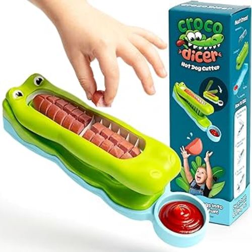 CrocoDicer: Fun Hot Dog Cutter That Lets Kids Cut Their Own Hot Dogs Safely. One Press = 24 Bites. Even Picky Eaters Will Love Dinner Time. 100% Kid and Crocodile Safe (Not Approved by Alligators).