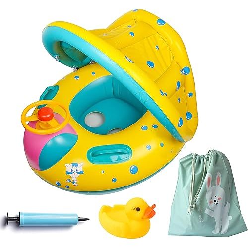 Inflatable Baby Swimming Pool Floats with Removable Sun Protection Canopy, Toddler Floaties with Seat and Handle, No Flip Over Baby Boat Swim Floats for Age of 6-36 months, with Hand Pump, Storage Bag