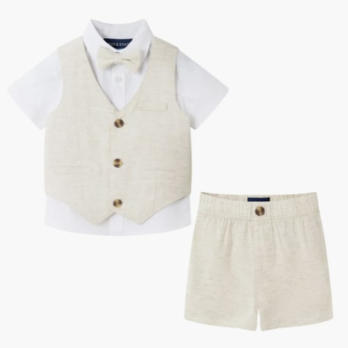 Short Sleeve Button-Up Shirt, Vest, Shorts & Bow Tie Set / 3-6M