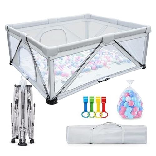 Foldable Baby Playpen 59x71inch, iTiLike Playpen for Babies and Toddlers with 50 PCS Ocean Balls & 4 Handles, Indoor & Outdoor Kids Safety Play Pen Area, Portable Travel Play Yard,Gray