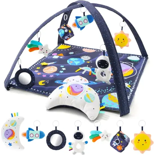 The Peanutshell Unisex Baby Play Gym & 7-in-1 Play Mat - Playmat Baby Toys 0-6, 6-12 Months Tummy Time Mat with Hanging Toys, Soft Padded Mat for Newborns, Infants - Space