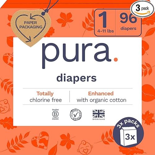 Pura Hypoallergenic Diapers, Size 1 (4-11lbs), Newborn, Totally Chlorine Free, Wetness Indicator, Suitable for Sensitive Skin, Soft Organic Cotton Comfort, Overnight, 3 Packs of 32 (96 Baby Diapers)