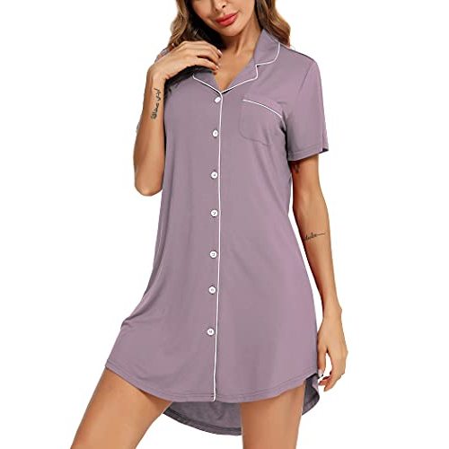 Samring Pajama Nightgown for Women Short/Long Sleeve Button Down Nightwear Top Boyfriend Sleep Shirts Nightdress S-XXL