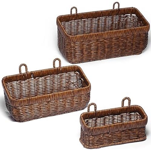 3 PCS Wall Mounted Woven Basket, Boho Kitchen Hanging Basket, Wall-Mounted Planters Holder With Hooks, Storage Boxes For Home Decor, Porche, Indoor And Outdoor, Cafe, And Offices(Brown-Set)