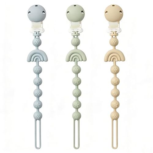 Baby Pacifier Clips One Piece Binky Clip Holder Silicone Teether Clip Pacifier Straps with Clip Baby Teether Toys for Boys and Girls Set of 3 Andy Bear-Ivory+Sage+Baby Blue