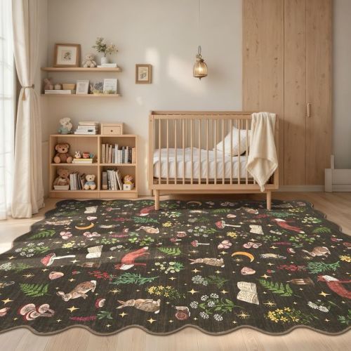 5'x7' Scalloped Woodland Animal Washable Area Rug, Cute Fox Rabbit Carpet Foldable Stain Resistant Floor Cover for Living Room Playroom Bedroom