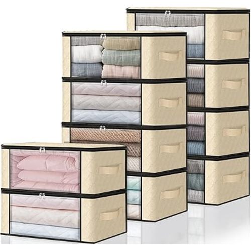 HomeHacks Storage 10-Pack Clothes Organizer Storage Bags Foldable Storage Box with Large Clear Window Sturdy Handles for Closet, Dorm, Pillows, Bedding, Clothes, Blankets, 35L, Beige