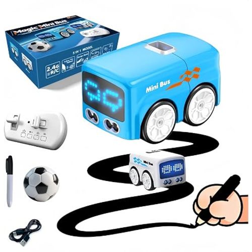Magic Mini Bus Toy – Interactive Inductive Magic Follows Line Car with Cute LED Lights, Gesture-Follow & Smart RC Control & Follow/Escape Modes – STEM Toy for Ages 5 6 7 8 Boys & Girls (Blue)