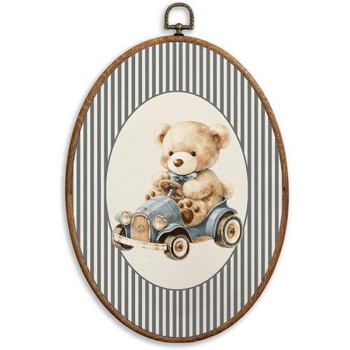 SONMYSULIL Bear Car Nursery Wall Art Decor, Kids Room Oval Wall Hanging Decor, Cute Bear Drive Car Framed Canvas Prints for Kids Toddler Boy Girl Nursery Room Bedroom Playroom, 8.6x11.4 Inch
