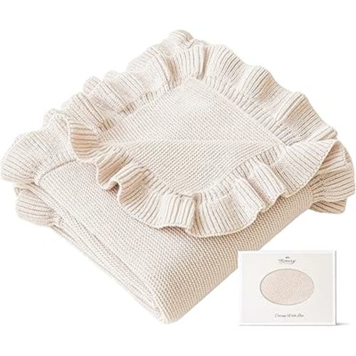 Konssy Knit Baby Blanket with Ruffle Edge, Ultra-Soft Receiving Baby Blankets for Girl, Boy, Nursery Swaddle Wrap for Newborns, Boho Stroller Cover & Registry Gift (Apricot)