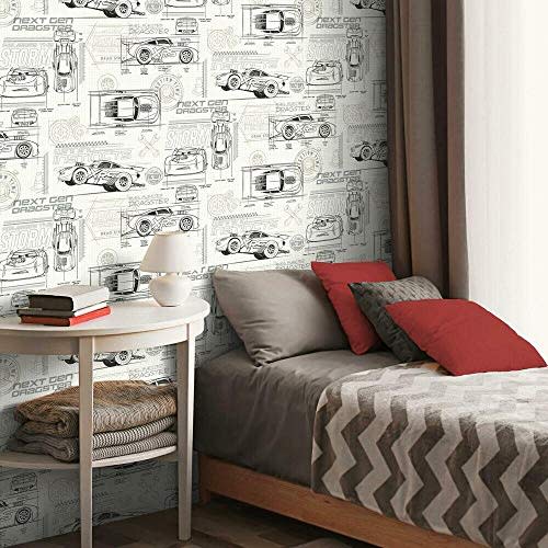 RoomMates RMK11804WP Disney and Pixar Cars Schematic Peel and Stick Wallpaper, Grey/White