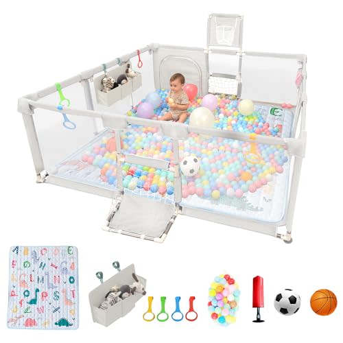 Playpen for Babies and Toddlers,73"x71"Baby Playpen with Mat Indoor＆Outdoor with Breathable Play Pen with Ocean Balls Hanging Pocket Basketball Hoop and Football Goal (Lighr Grey with Mat, 73"x71")