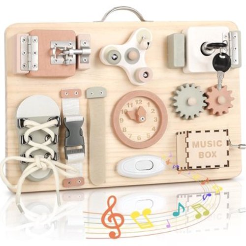 Montessori Busy Board for Toddlers - Wooden Sensory Board Activity Board for Fine Motor Skills, Travel Baby Busy Board Sensory Toys for Kids