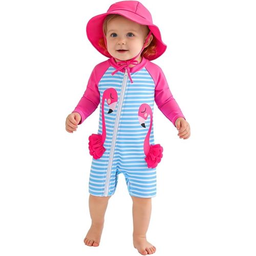 2Pcs Baby Girl One Piece Swimsuit Full Zipper UPF 50+ Sun Protection Bathing Suit Rash Guard with Hat