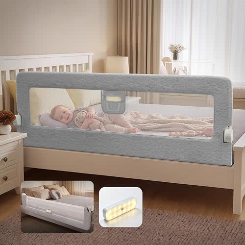 Bed Rail for Toddlers - Safety Baby Guard with Night Light,Grey 71"