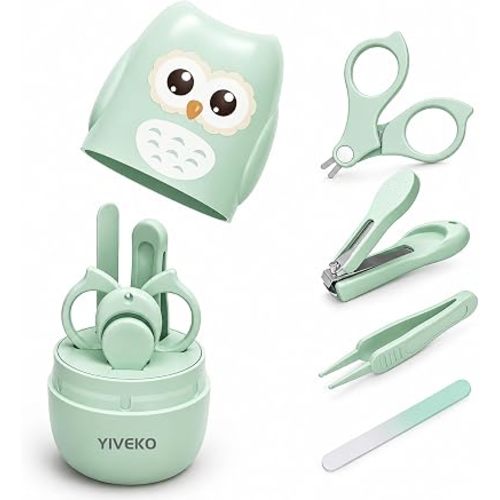Baby Nail Kit, 4-in-1 Baby Nail Care Set with Cute Case, Baby Nail Clippers, Scissors, Nail File & Tweezers, Baby Manicure Kit and Pedicure kit for Newborn, Infant, Toddler, Kids-Owl Green