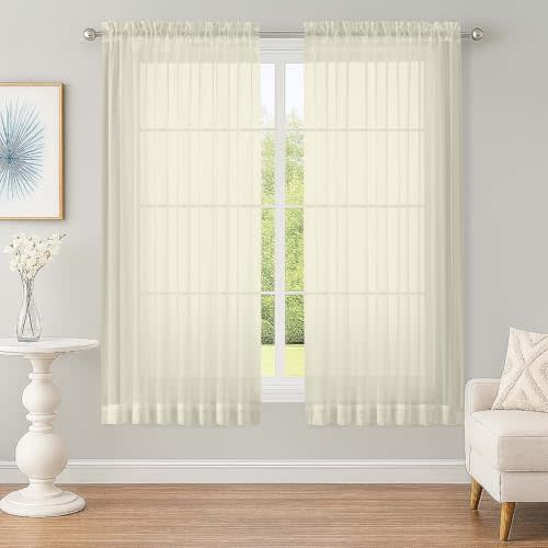 OWENIE Cream Sheer Curtains 63 Inch Long 2 Panels for Living Room 59" Wide | Light Filtering Curtains for Bedroom, 59 Inch Extra Wide, Rod Pocket Voile Drapes for Living Room, 2 Pcs, Each 59" W x 63" L