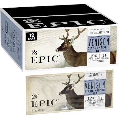 EPIC Provisions Venison Sea Salt & Pepper Bars, 12 ct, 15.6 oz | 100% Grass-Fed Venison, Keto & Paleo Friendly, Whole30 Approved, 12g Protein & 1g Carbs per Bar