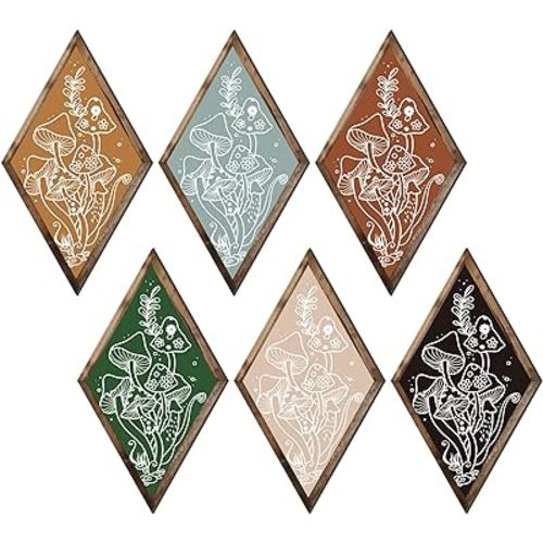 Nuenen 6 Pieces Mushroom Wall Decor Farmhouse Home Wall Decor Boho Wood Diamond Frame Mushroom Aesthetic Art with Hanging Hook for Bedroom Living Room Bathroom Apartment
