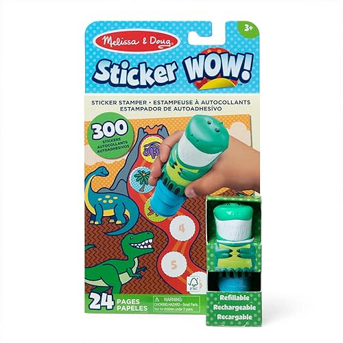 Melissa & Doug Sticker Wow!™ 24-Page Activity Pad and Sticker Stamper, 300 Stickers, Arts and Crafts Fidget Toy Collectible Character – Dinosaur Creative Play Travel Toy for Girls and Boys 3+,