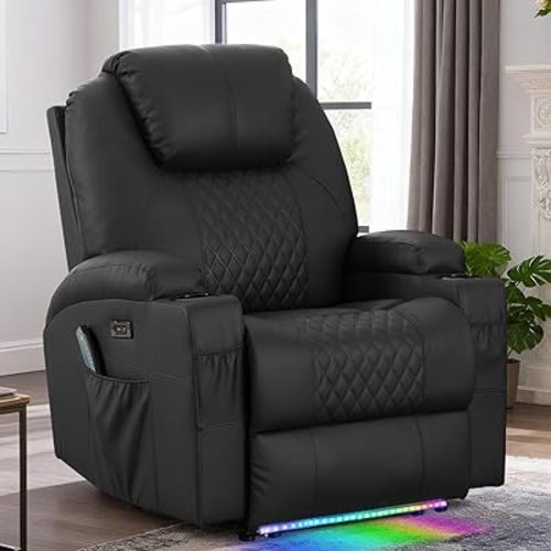 Power Recliner Chair with Heat and Massage for Adults - Home Theater Seating with LED Lights,Cup Holders,Side Pocket,USB Port - Recliner Sofa for Living Room (Black, Single Recliner)