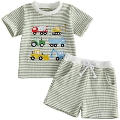 Toddler Baby Boy Summer Clothes Waffle Truck Embroidery Short Sleeve Tops T-Shirt and Shorts Sets Cute 2Pcs Outfits
