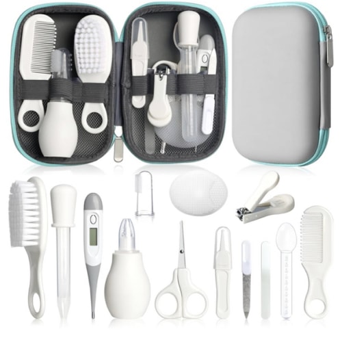 Baby Grooming Kit, Infant Safety Care Set with Hair Brush Comb Nail Clipper Nasal Aspirator,Baby Essentials Kit for Newborn Girls Boys (Grey White)