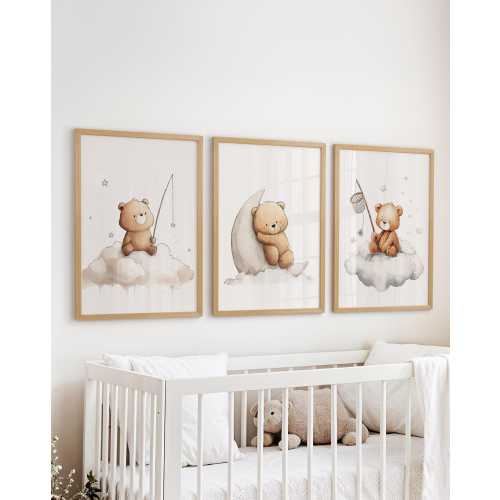 Teddy Bear on Cloud Prints: Nursery Wall Art, Baby Kids Room Decor ( Set of 3 )
