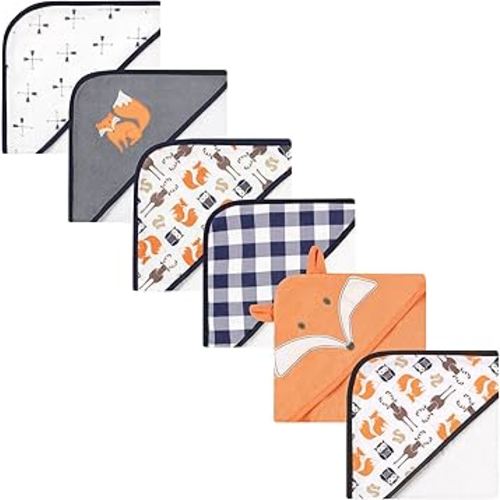 Hudson Baby Unisex Baby 6Pc Cotton Rich Hooded Towels Bundle Set, Orange Fox Fox, One Size