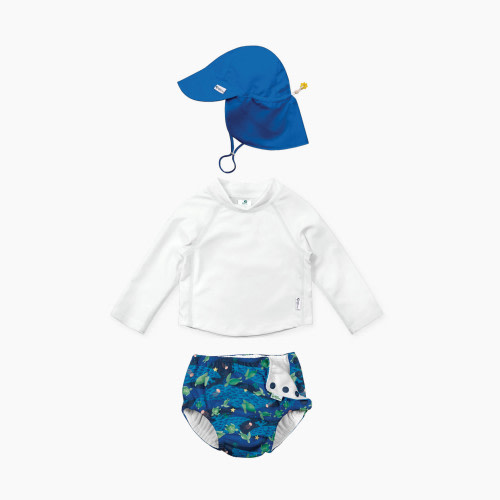 GREEN SPROUTS UPF 50+ Snap Swim Diaper & Rashguard Set with Hat - White/Navy Turtle Journey/Cobalt, 0-6 Months
